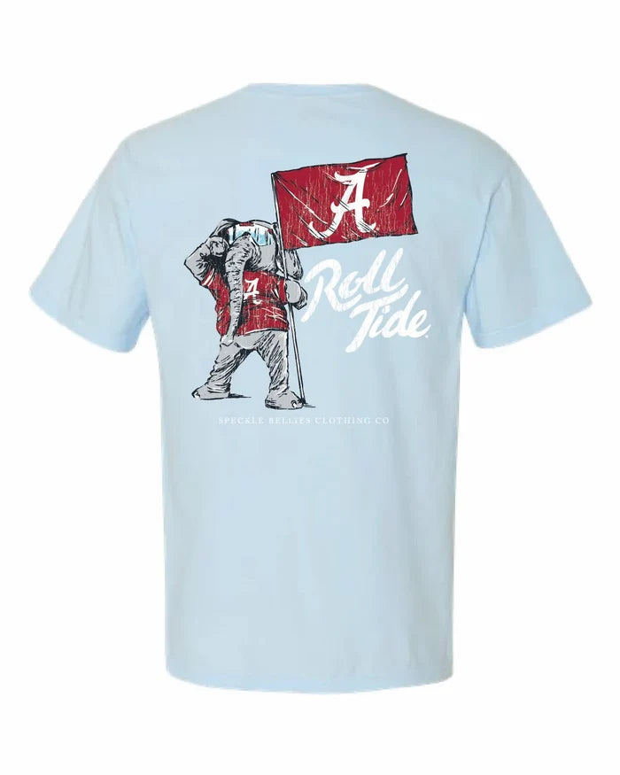 A light blue short-sleeve t-shirt shown from the back, featuring a graphic of the Alabama Crimson Tide mascot holding a red flag with a white letter 'A' and the words 'Roll Tide' in white script.