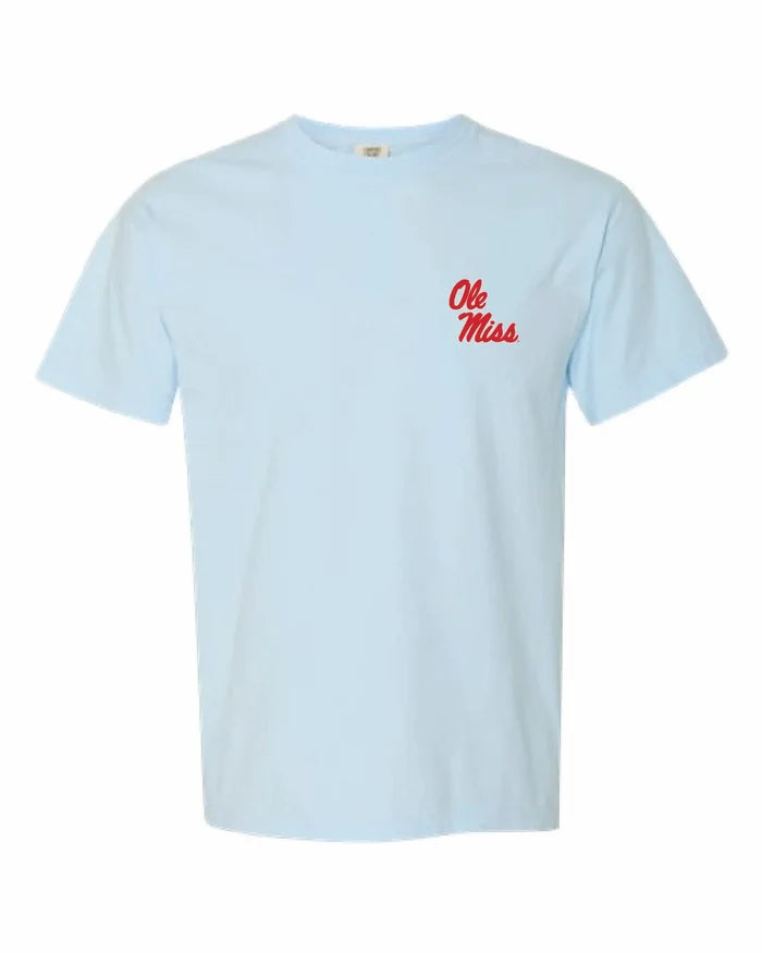 A light blue short-sleeve crewneck t-shirt with 'Ole Miss' embroidered in red cursive script on the left chest, displayed on a clean white background.