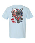 Light blue t-shirt with a graphic of a dog in a cart and 'Ole Miss' text on a white background