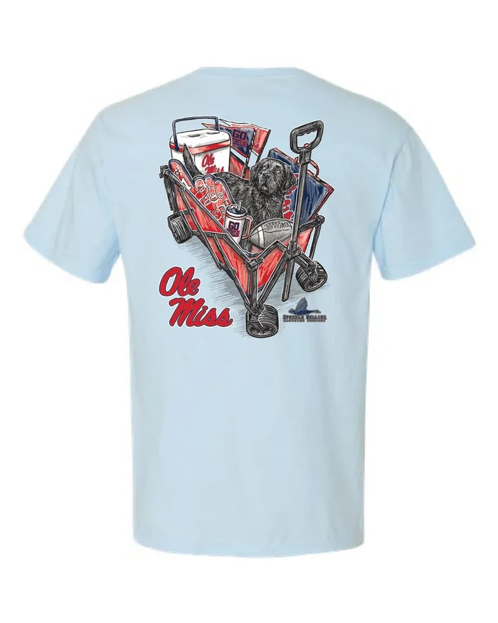Light blue t-shirt with a graphic of a dog in a cart and 'Ole Miss' text on a white background
