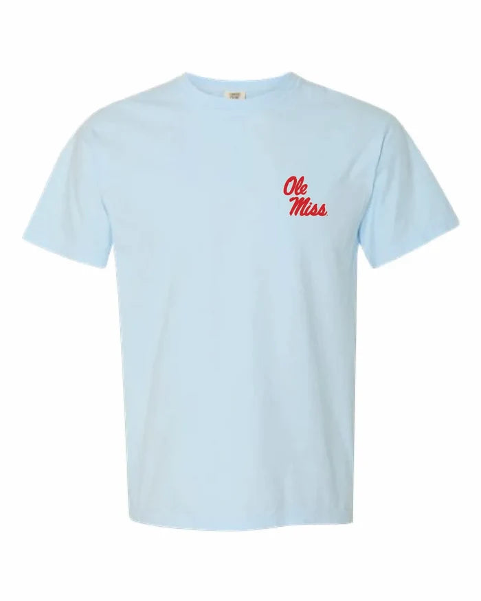 A light blue short-sleeve crewneck t-shirt with 'Ole Miss' embroidered in red cursive script on the left chest, displayed against a plain white background.