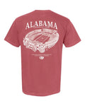 A short-sleeve crewneck t-shirt in crimson red, showing the back view with a white graphic print of the Alabama Crimson Tide stadium and 'ALABAMA CRIMSON TIDE' text.