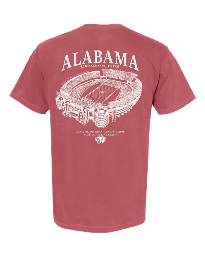 A short-sleeve crewneck t-shirt in crimson red, showing the back view with a white graphic print of the Alabama Crimson Tide stadium and 'ALABAMA CRIMSON TIDE' text.