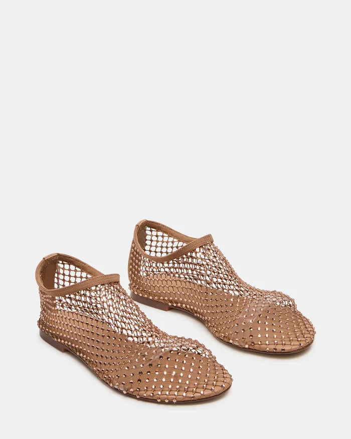 Pair of woven brown sandals on a white background