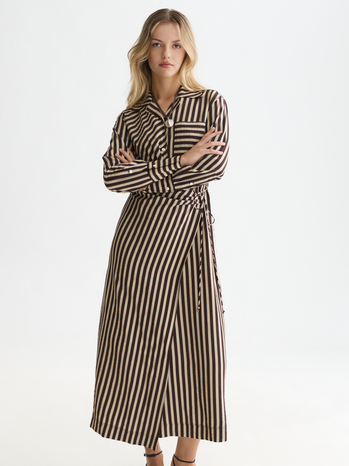 Striped Wrap Ankle Length Dress