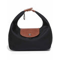 A black nylon hobo shoulder bag with a brown textured leather front flap and matching brown leather handle detail, shown on a white background.