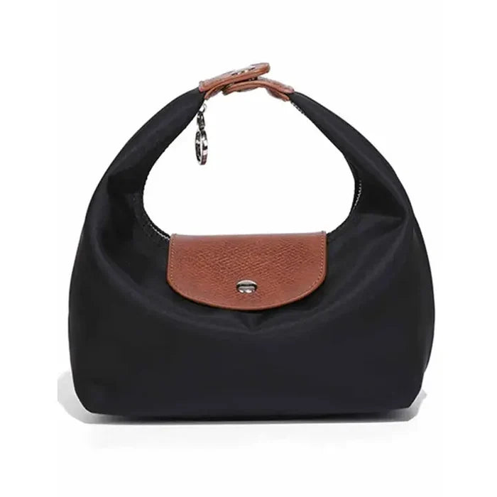 A black nylon hobo shoulder bag with a brown textured leather front flap and matching brown leather handle detail, shown on a white background.