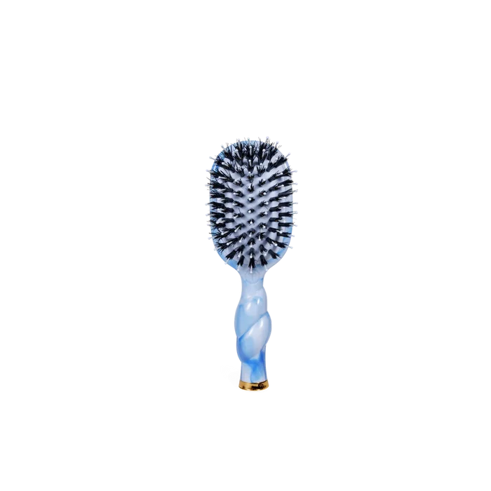 Blue and white hairbrush on a white background