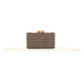 A rectangular clutch bag with a textured brown and gold woven pattern, featuring a gold clasp on top and a delicate gold chain strap, set against a plain white background.