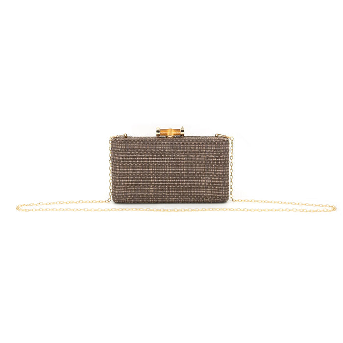 A rectangular clutch bag with a textured brown and gold woven pattern, featuring a gold clasp on top and a delicate gold chain strap, set against a plain white background.