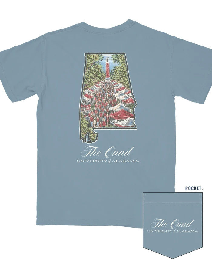 Blue t-shirt with 'The Quad, University of Alabama' graphic on a white background