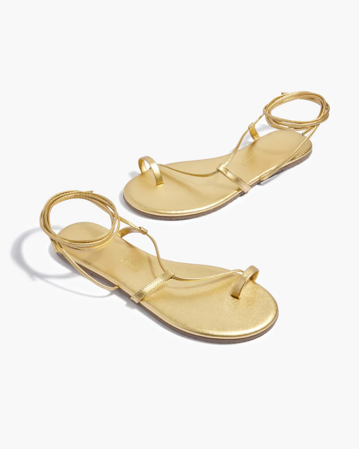 Pair of gold sandals on a white background