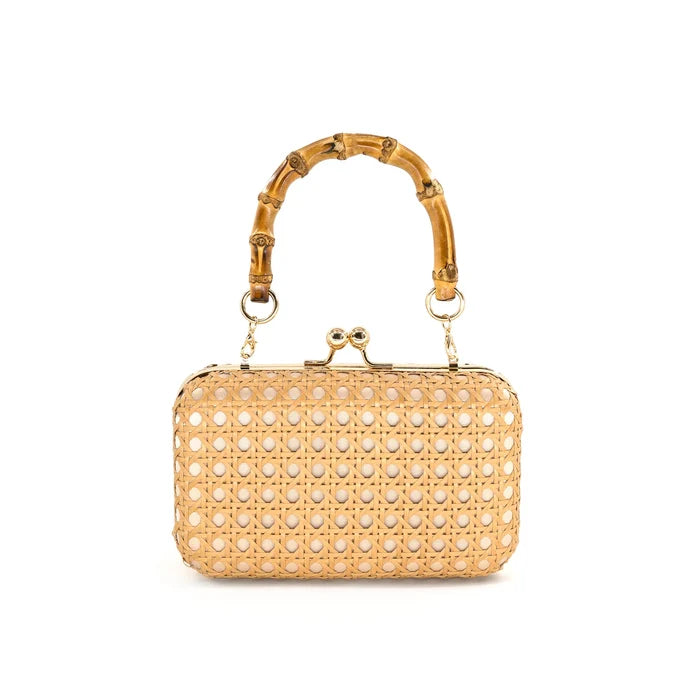 Woven handbag with bamboo handle on a white background