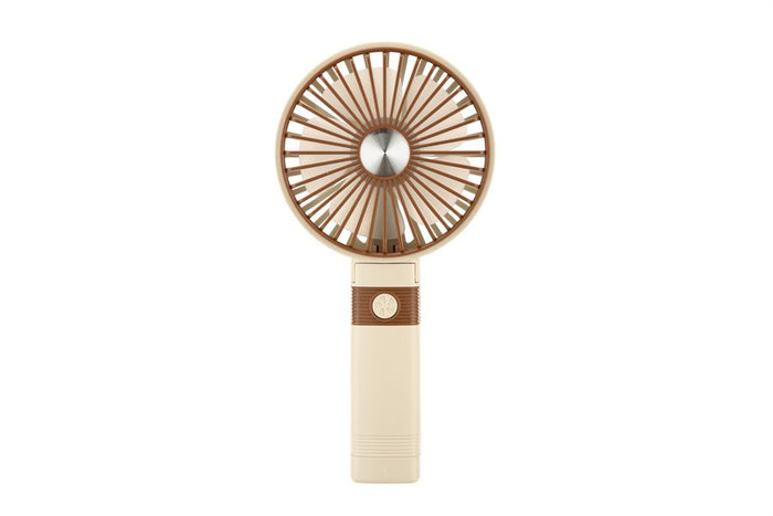 Handheld fan with wooden design on a white background