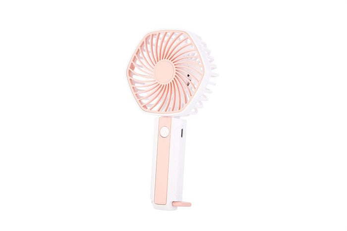 Handheld fan with pink and white design on a white background