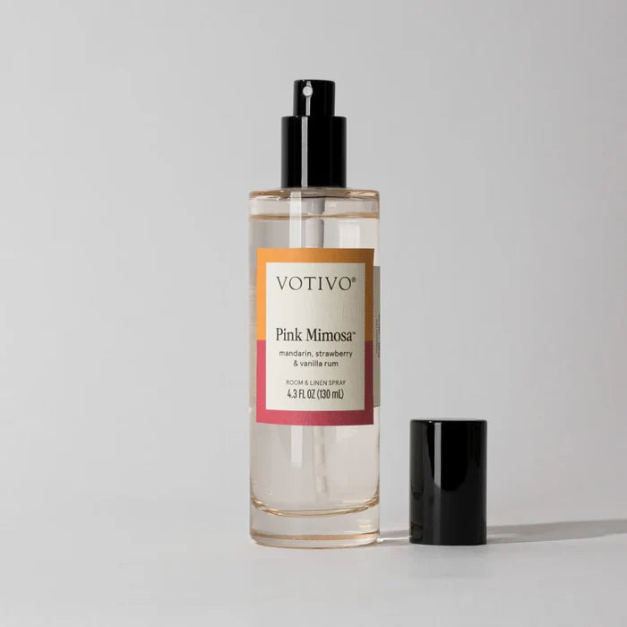 Votivo Pink Mimosa fragrance bottle on a light gray background