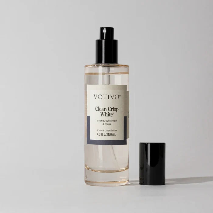 Votivo Clean Crisp White perfume bottle on a light gray background