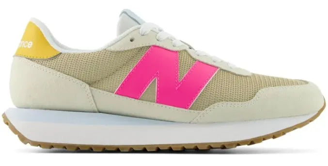 Beige sneaker with pink logo on a white background