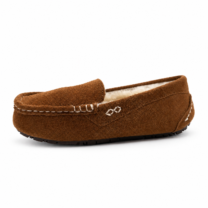 A single brown suede slip-on loafer with a soft cream-colored shearling lining, shown from a side profile on a white background.