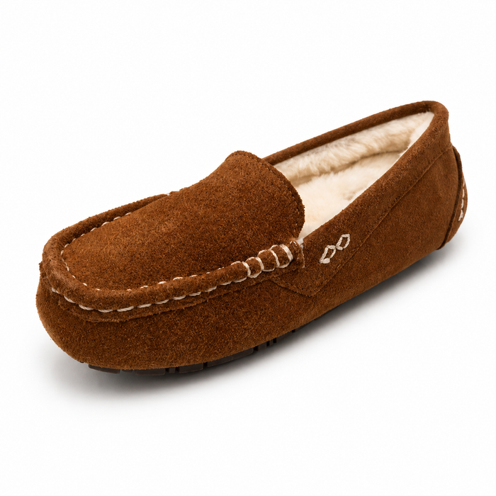 A single brown suede slip-on loafer with a soft cream-colored shearling lining, shown from a side profile on a white background.