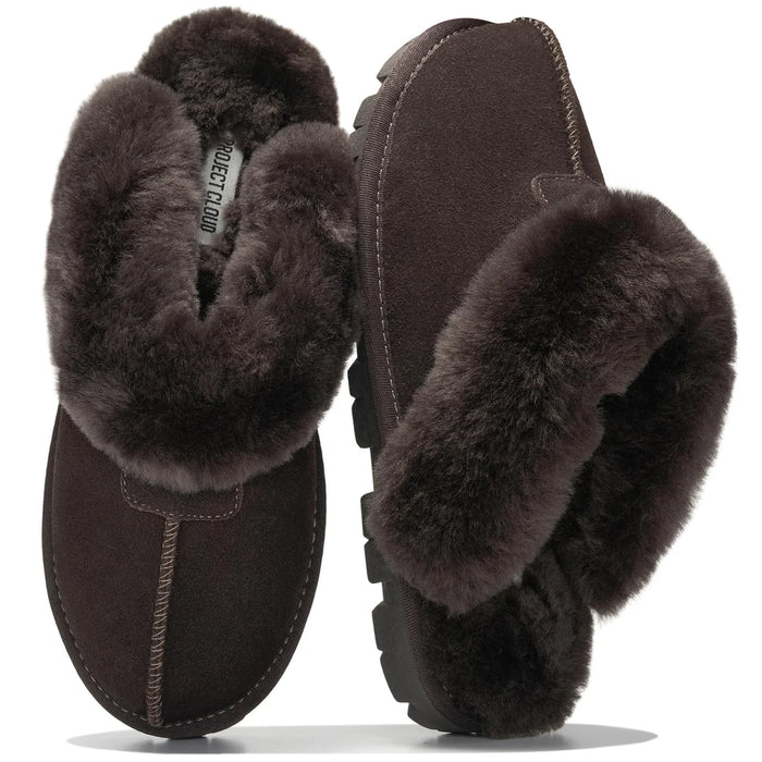 A pair of dark brown suede slip-on slippers with thick, plush dark brown faux fur trim, shown from both the top and side views on a white background.