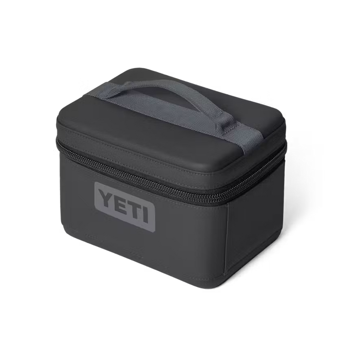 A black YETI hard-sided cooler bag with a gray handle and a gray YETI logo on the front, shown on a clean white background.