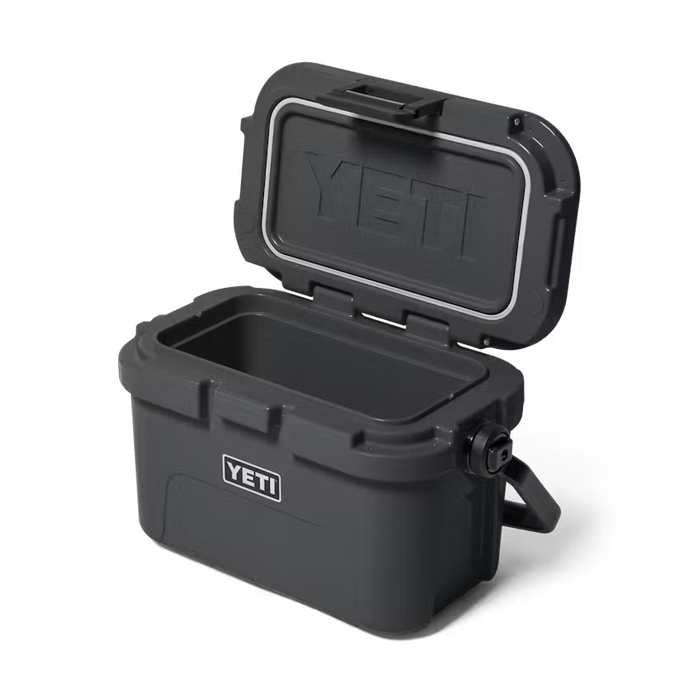 Black YETI cooler with open lid on a white background