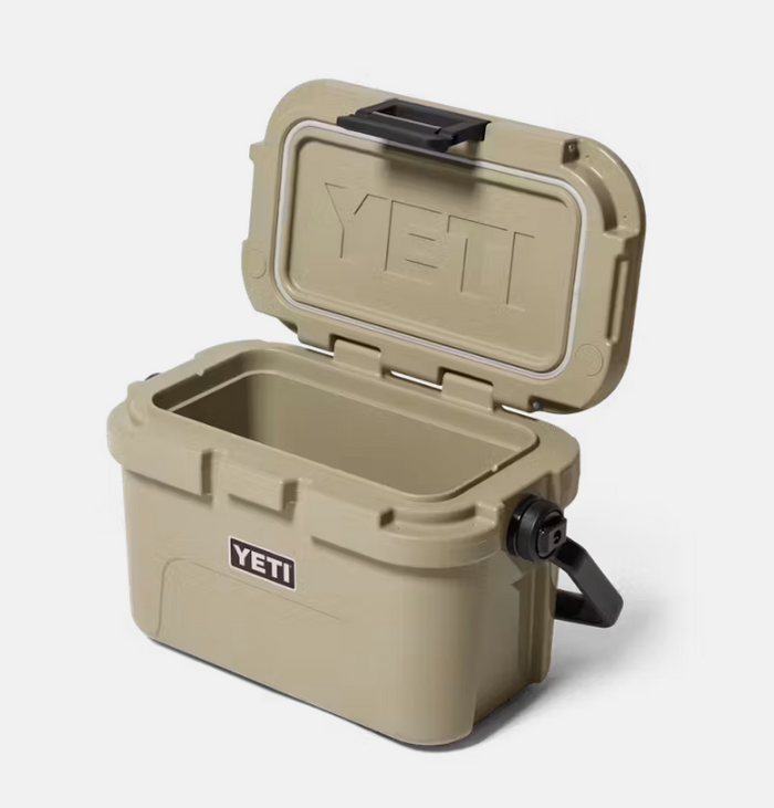 Tan YETI cooler with open lid on a white background